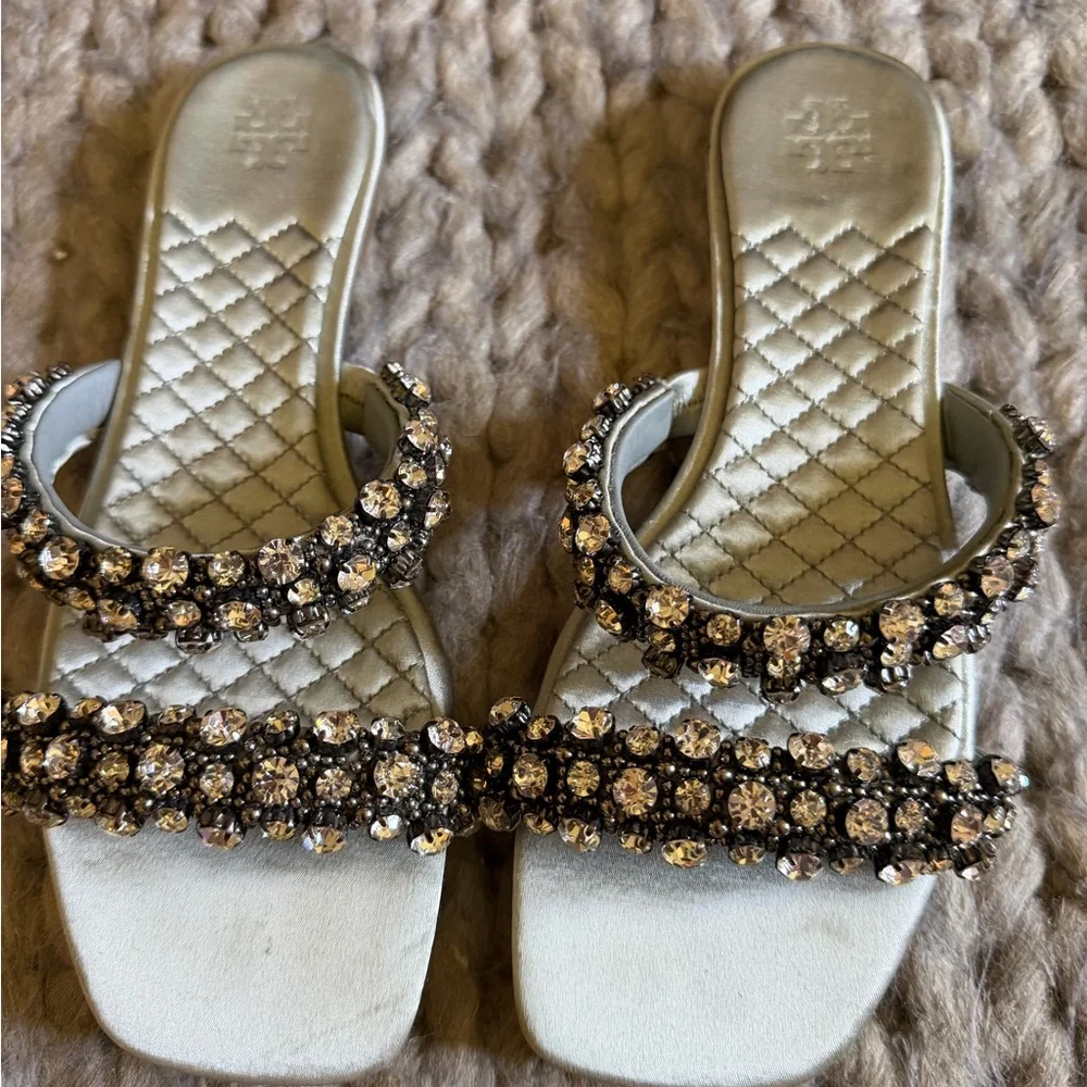 Tory Burch Crystal-Embellished Silver Quilted Slide Sandals - Women size 7